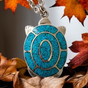 Vtg Trifari Turtle Pendant Necklace Faux Turquoise Large Silver Tone Long‎ Chain